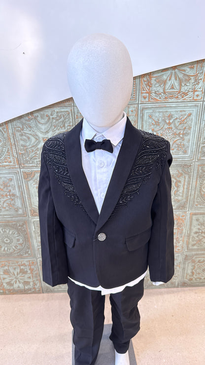 Black Embroidered Tuxedo Blazer for Boys