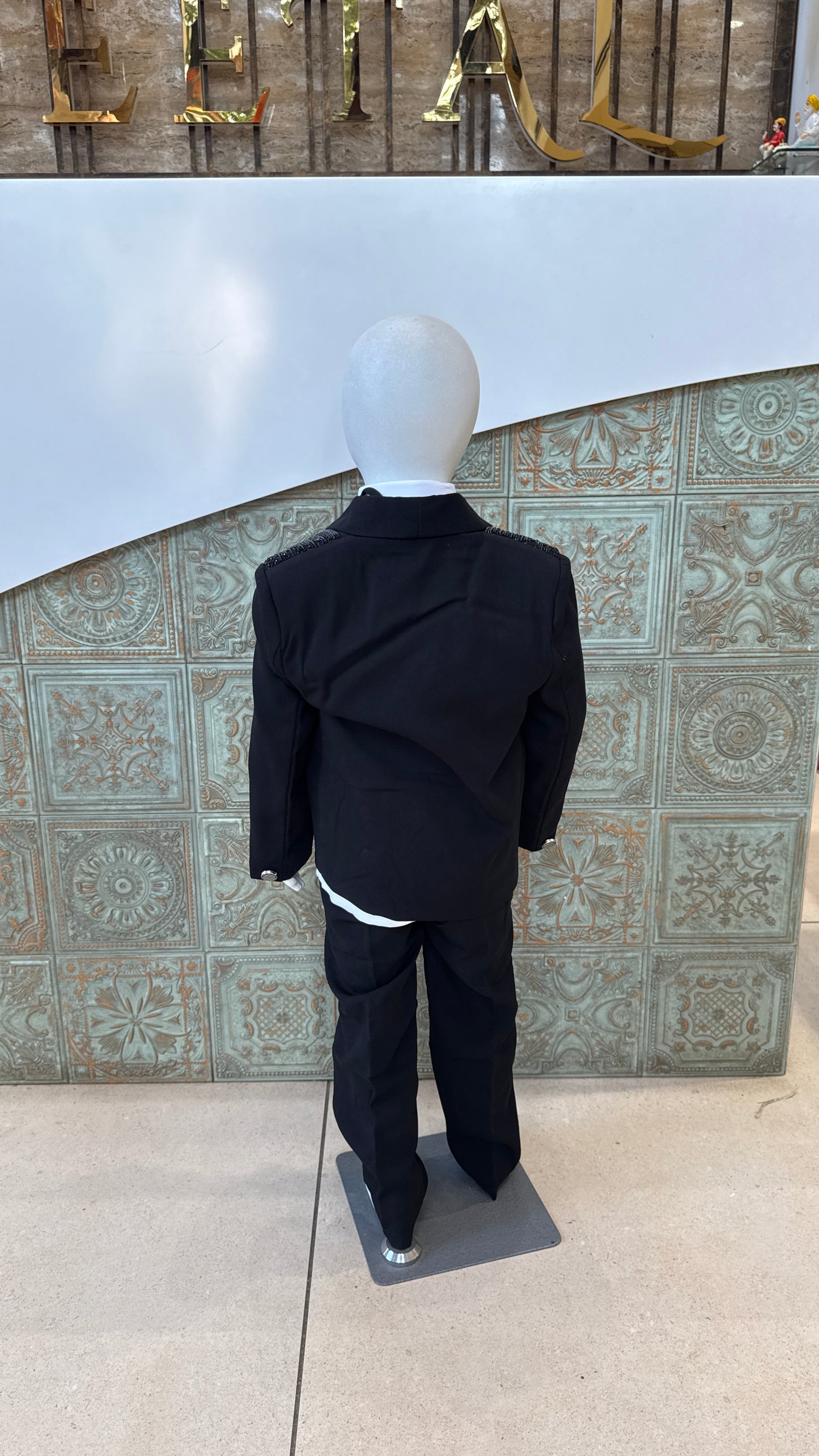 Black Embroidered Tuxedo Blazer for Boys