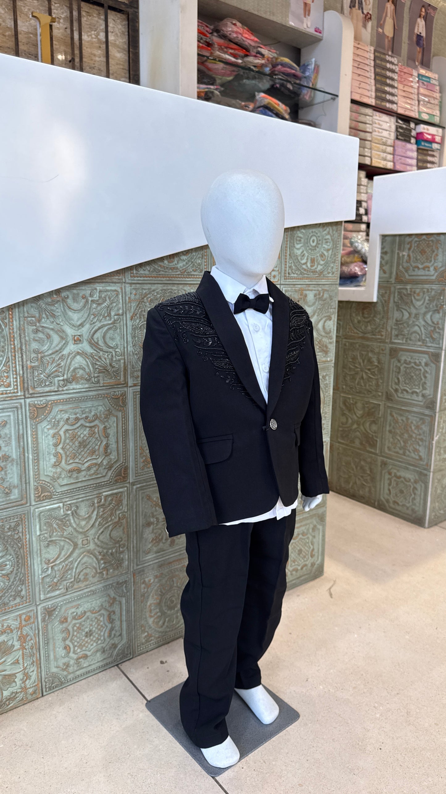 Black Embroidered Tuxedo Blazer for Boys