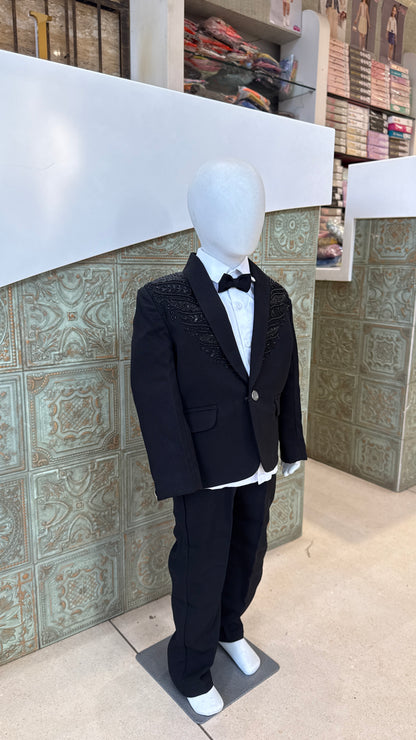 Black Embroidered Tuxedo Blazer for Boys