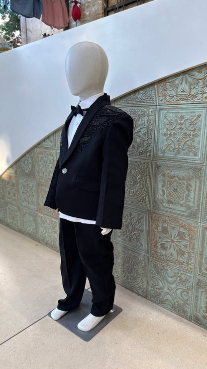 Black Embroidered Tuxedo Blazer for Boys