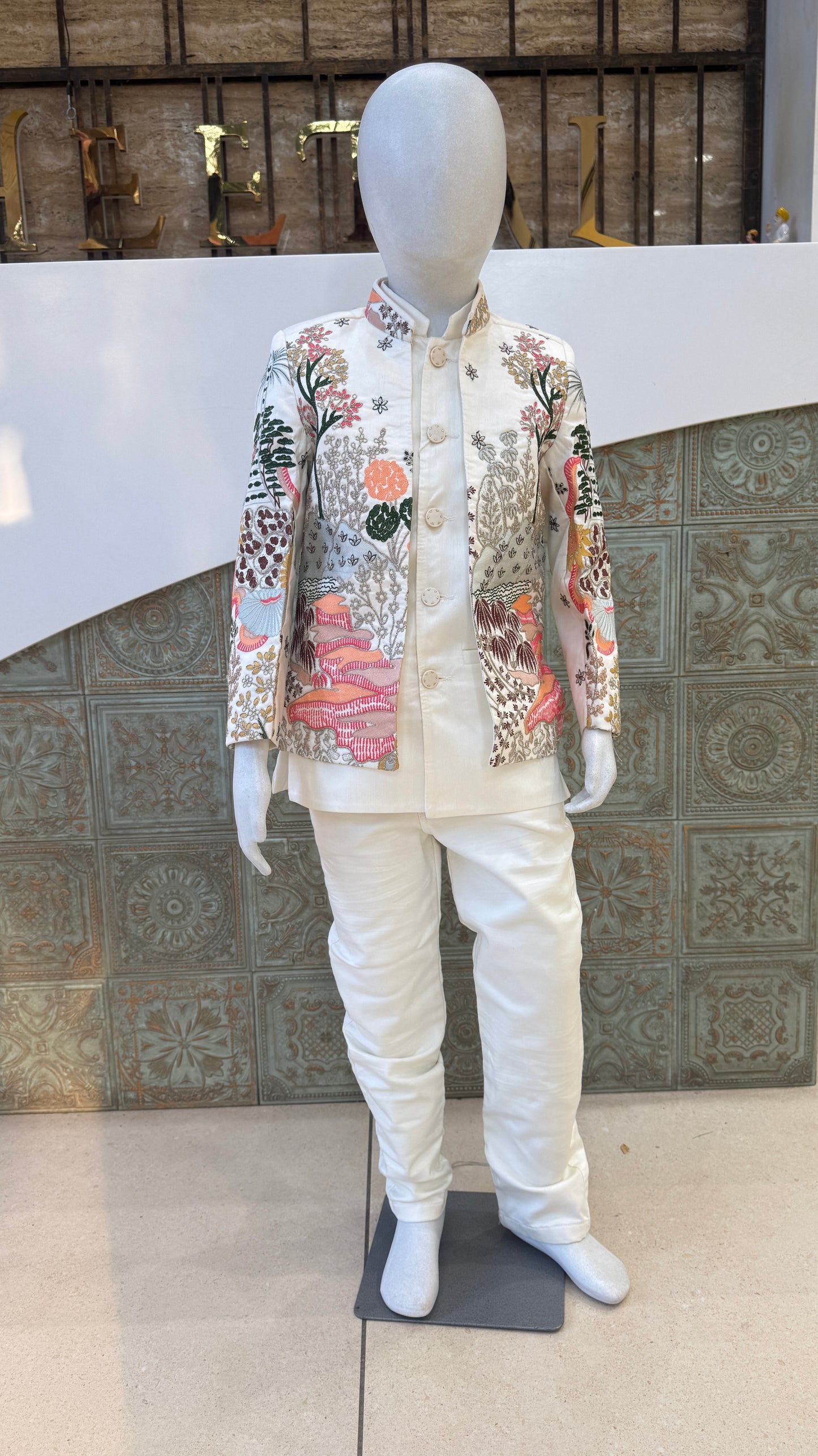 White Embroidered Indo-Western Jacket for Boys
