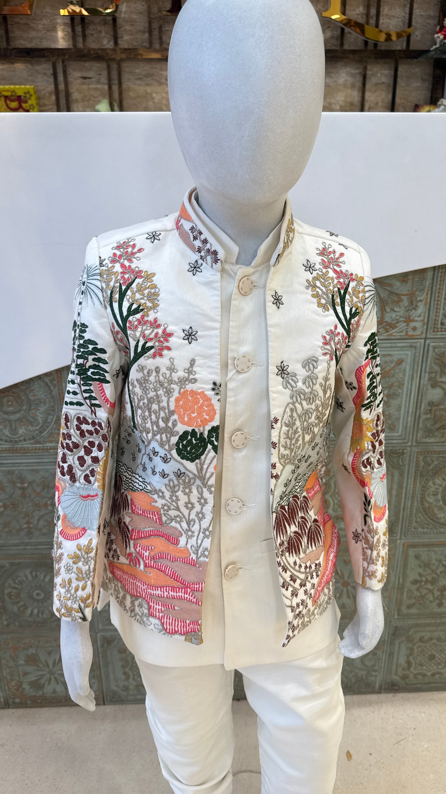 White Embroidered Indo-Western Jacket for Boys