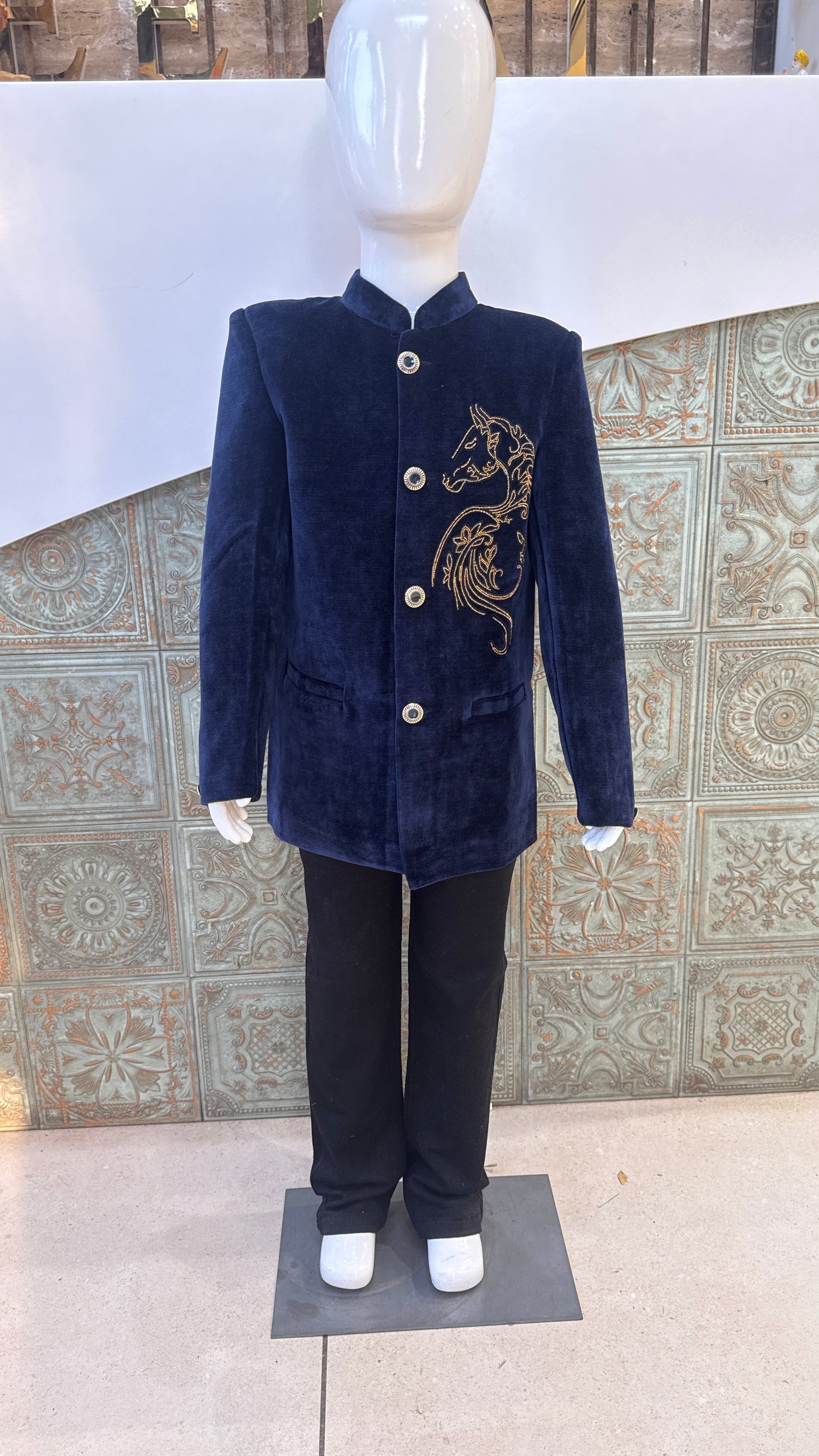 Navy Blue Velvet Embroidered Indo-Western Jacket for Boys