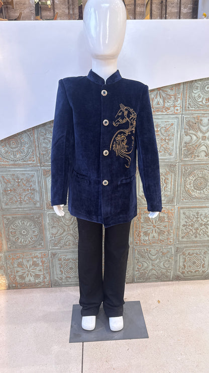 Navy Blue Velvet Embroidered Indo-Western Jacket for Boys
