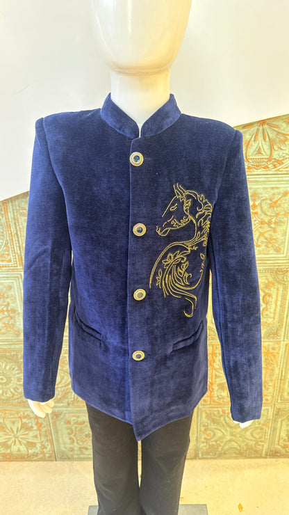 Navy Blue Velvet Embroidered Indo-Western Jacket for Boys