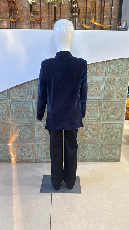 Navy Blue Velvet Embroidered Indo-Western Jacket for Boys