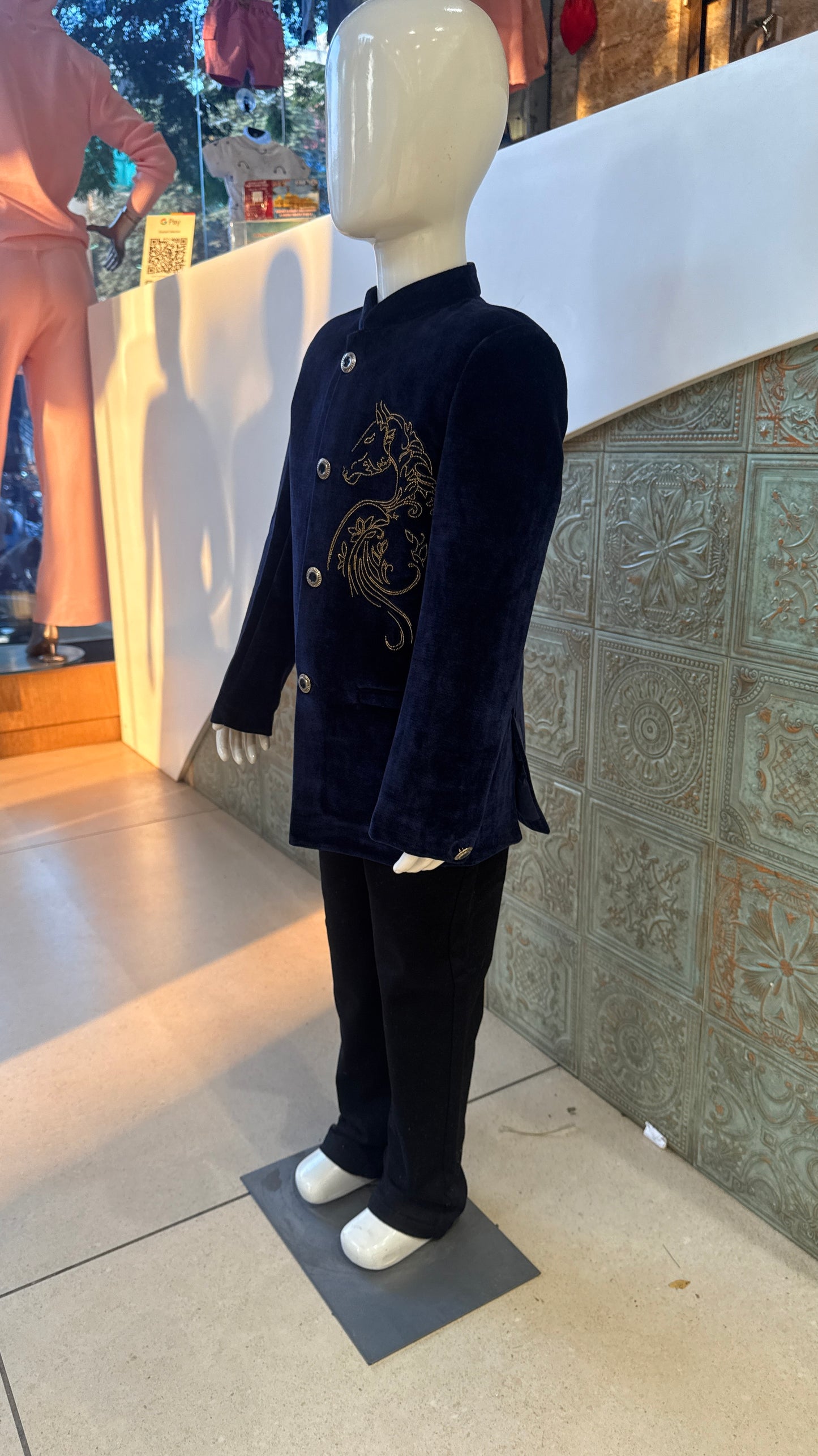 Navy Blue Velvet Embroidered Indo-Western Jacket for Boys