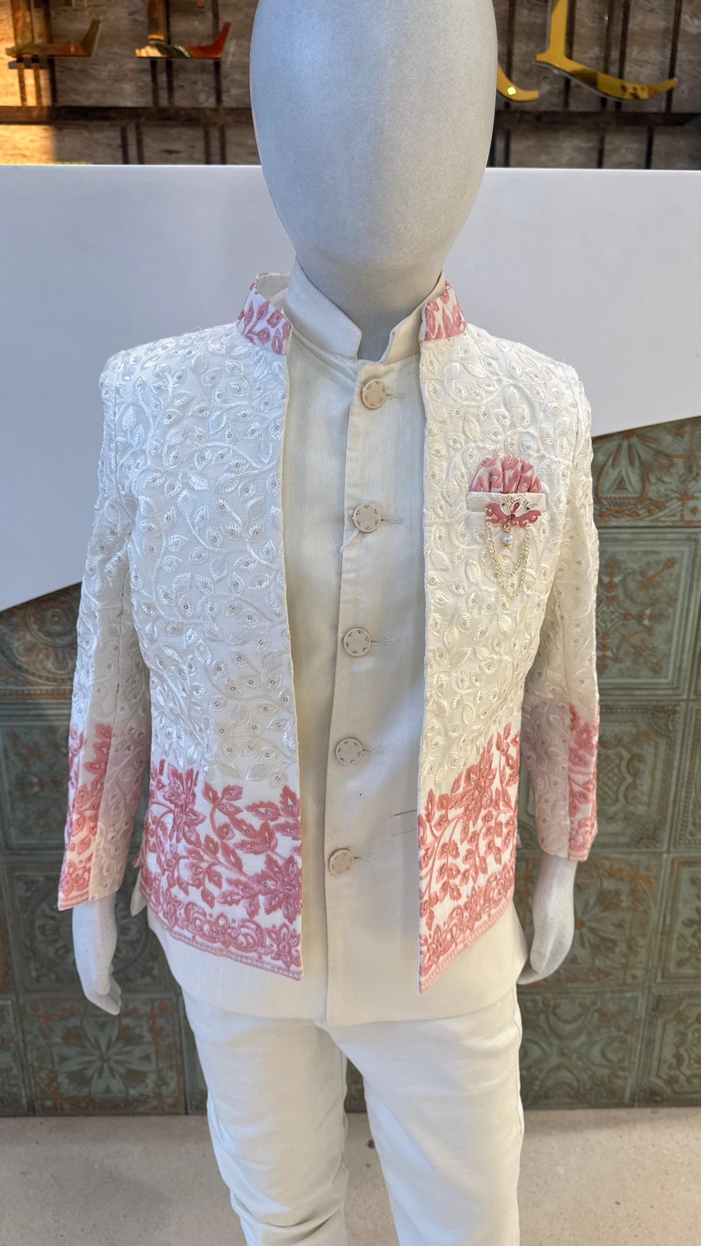 White Embroidered Indo-Western Jacket with Pink Border for Boys