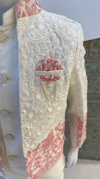 White Embroidered Indo-Western Jacket with Pink Border for Boys