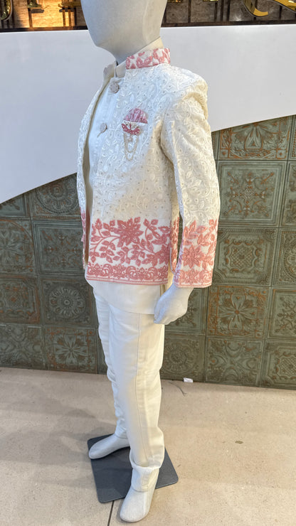 White Embroidered Indo-Western Jacket with Pink Border for Boys