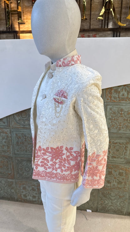 White Embroidered Indo-Western Jacket with Pink Border for Boys
