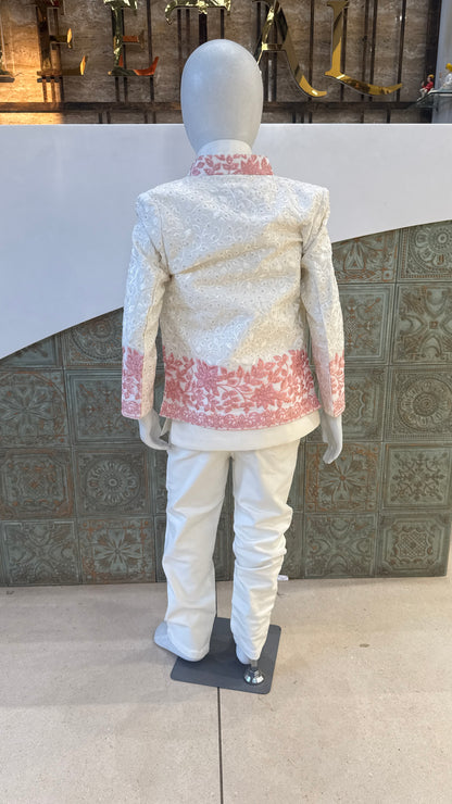 White Embroidered Indo-Western Jacket with Pink Border for Boys
