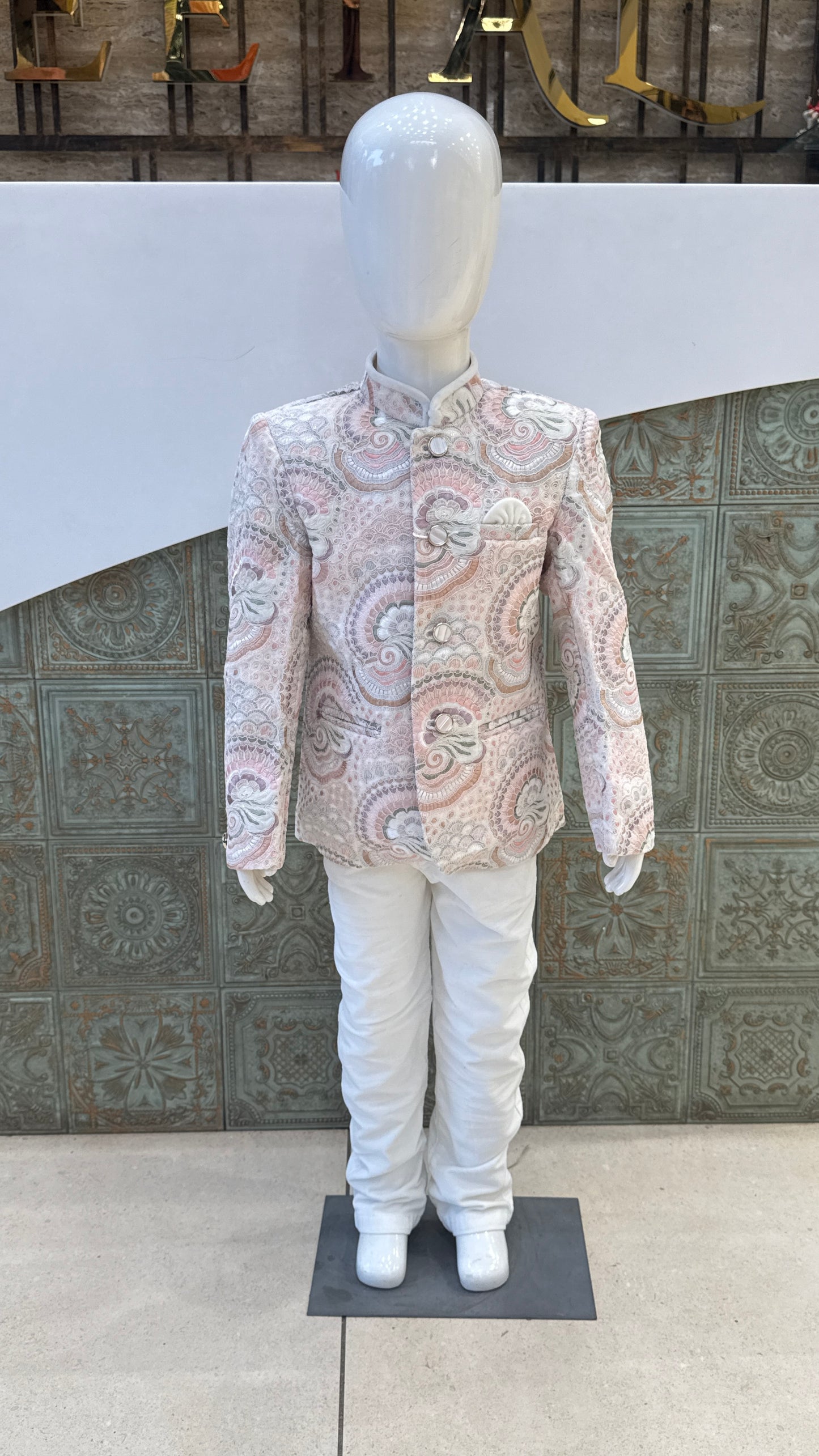 White Embroidered Indo-Western Jacket with Pink Border for Boys
