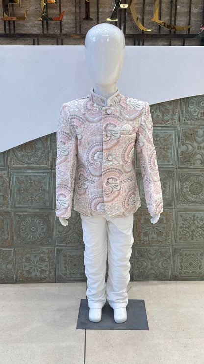 White Embroidered Indo-Western Jacket with Pink Border for Boys