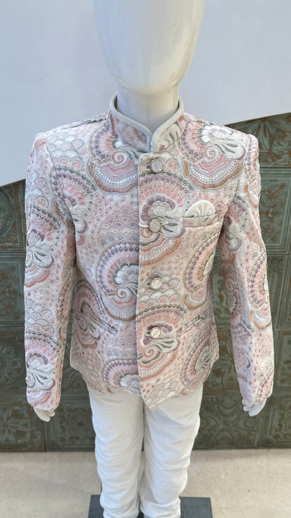 White Embroidered Indo-Western Jacket with Pink Border for Boys