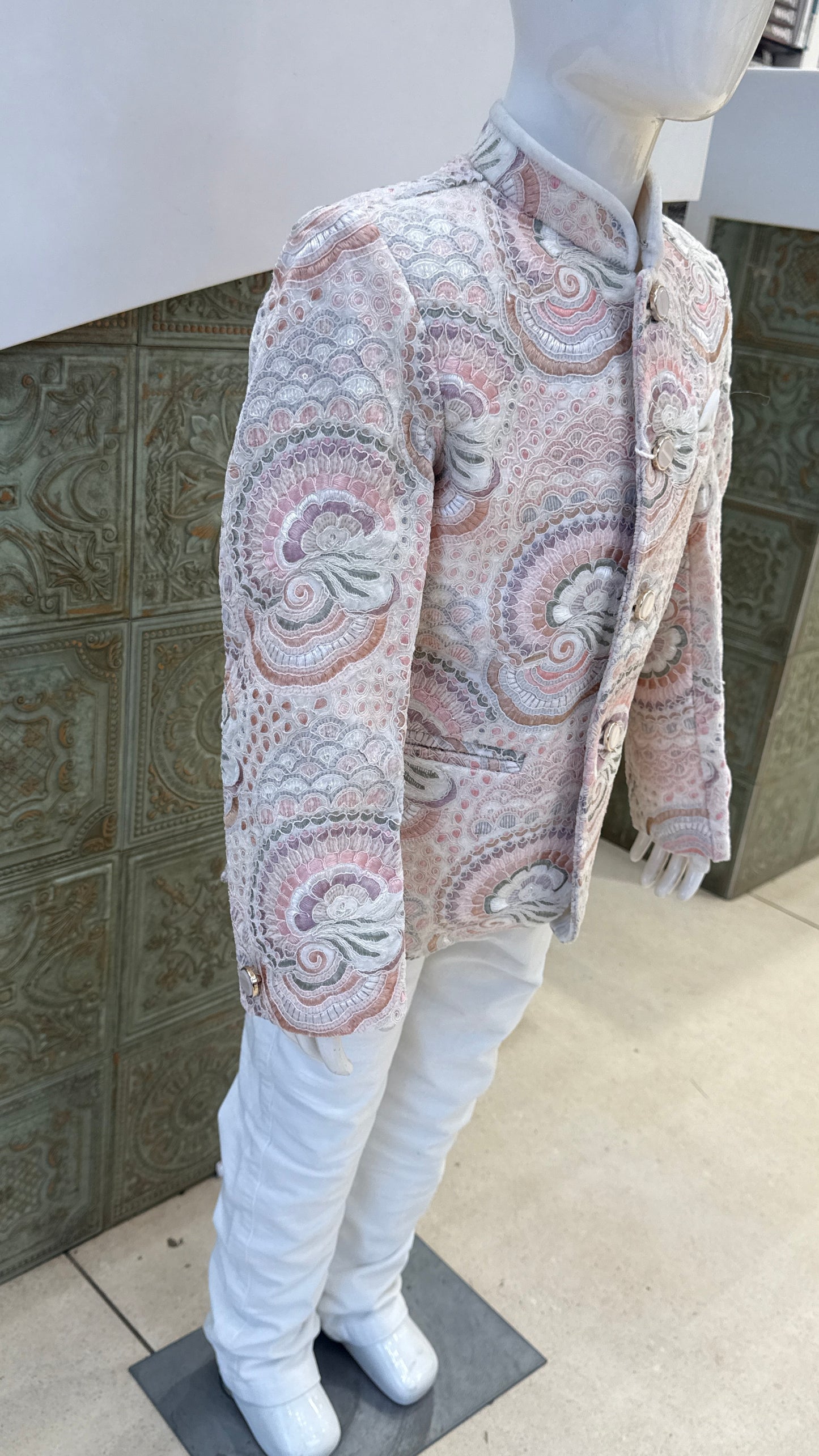 White Embroidered Indo-Western Jacket with Pink Border for Boys