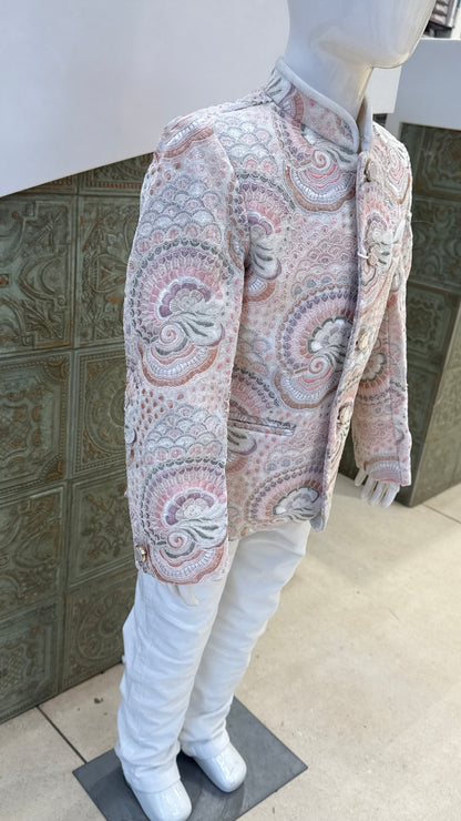 White Embroidered Indo-Western Jacket with Pink Border for Boys