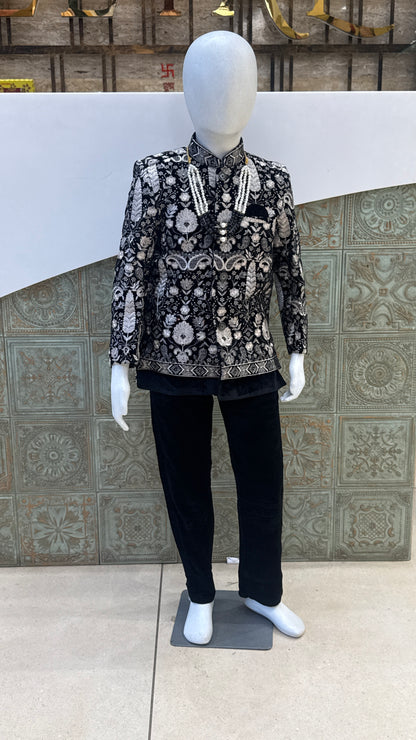 Black and Silver Embroidered Indo-Western Jacket with Pearls for Boys