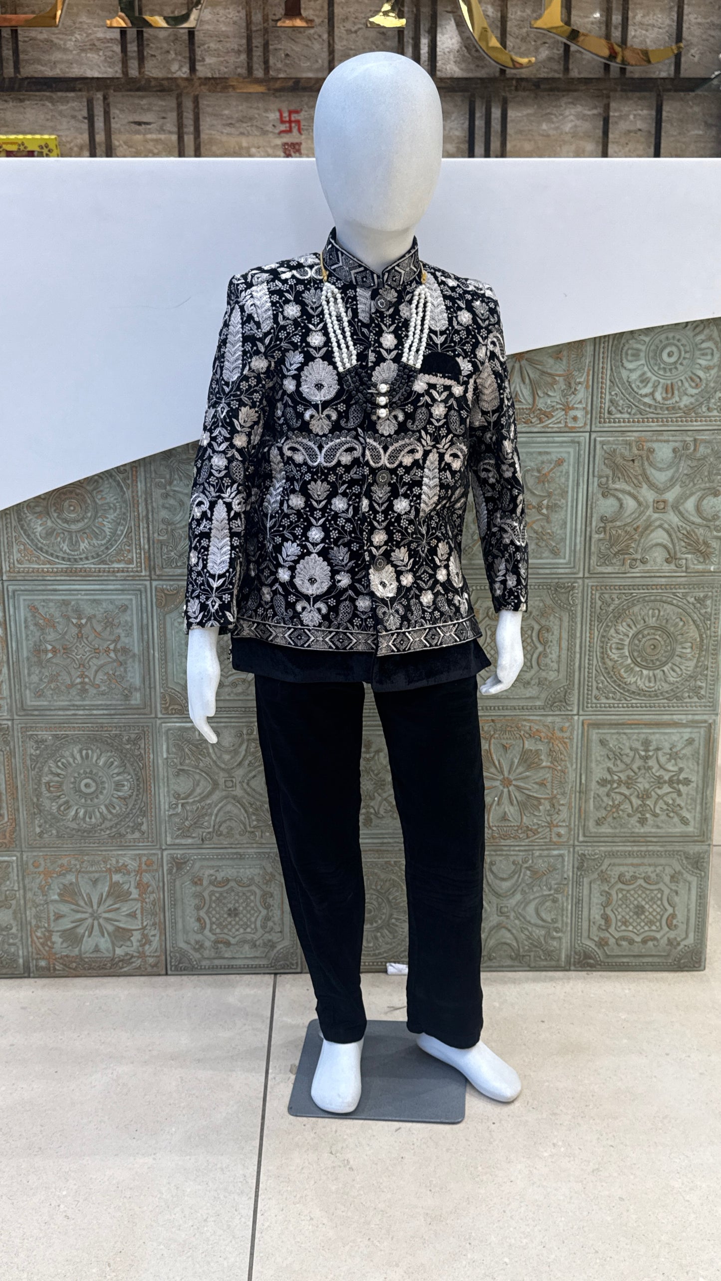 Black and Silver Embroidered Indo-Western Jacket with Pearls for Boys