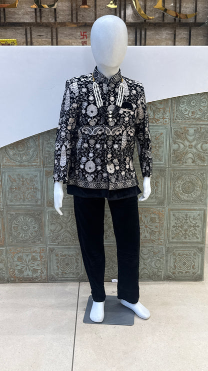 Black and Silver Embroidered Indo-Western Jacket with Pearls for Boys