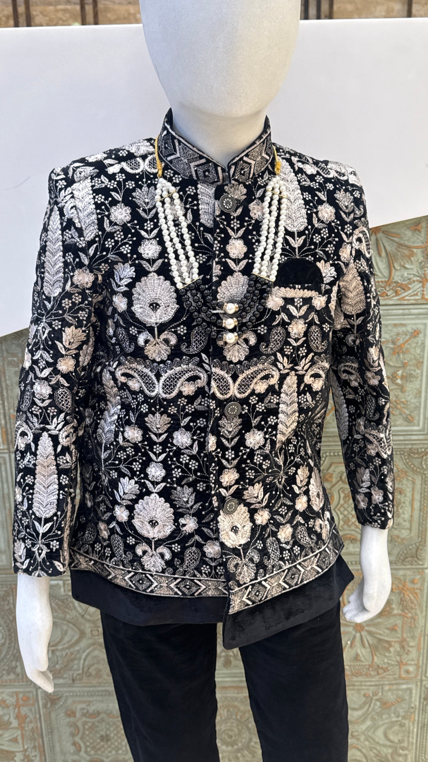 Black and Silver Embroidered Indo-Western Jacket with Pearls for Boys