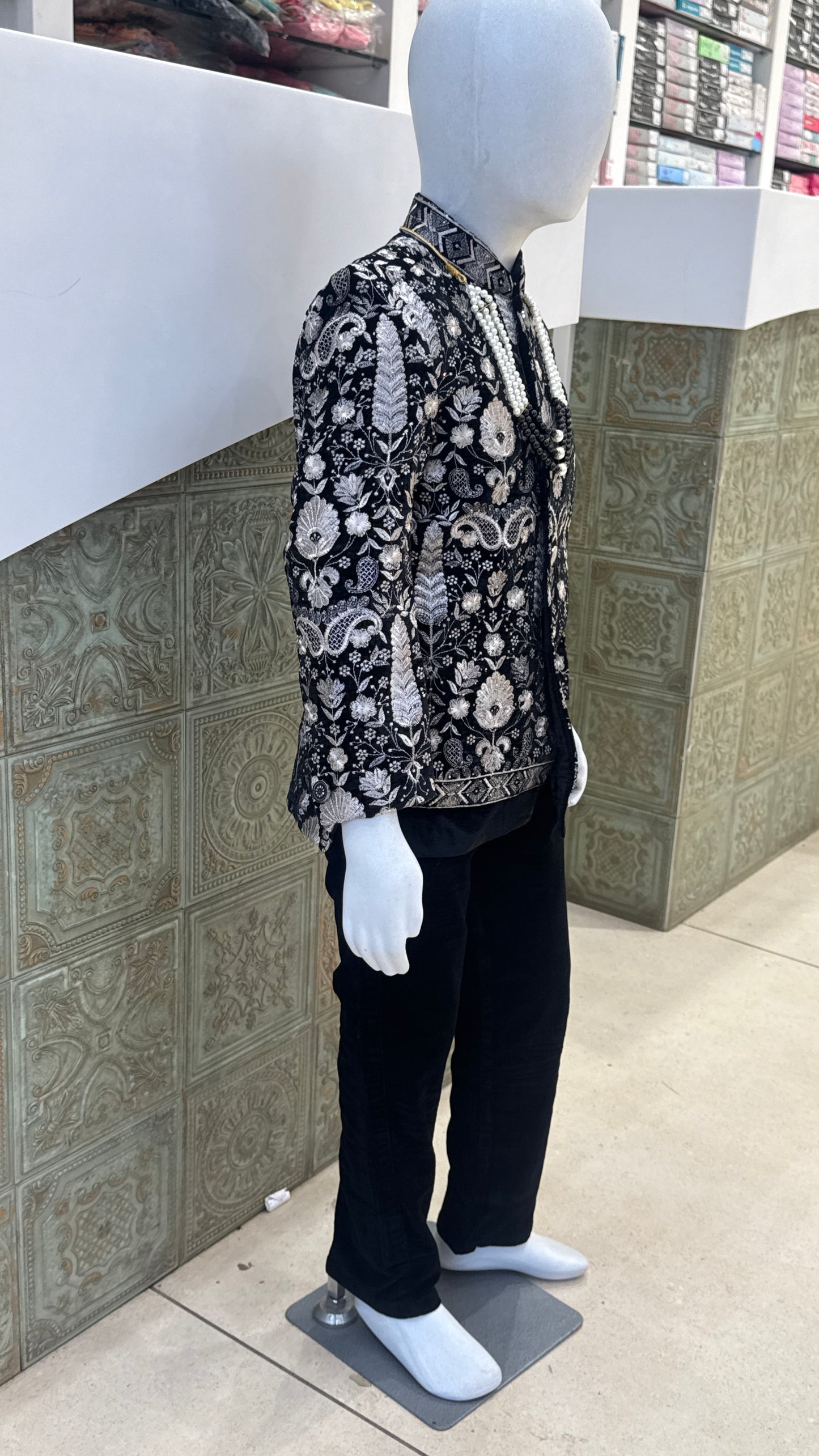 Black and Silver Embroidered Indo-Western Jacket with Pearls for Boys