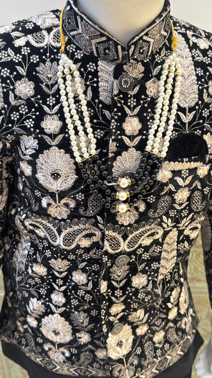 Black and Silver Embroidered Indo-Western Jacket with Pearls for Boys