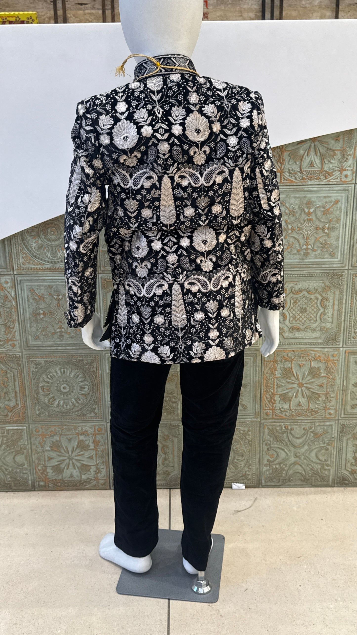 Black and Silver Embroidered Indo-Western Jacket with Pearls for Boys