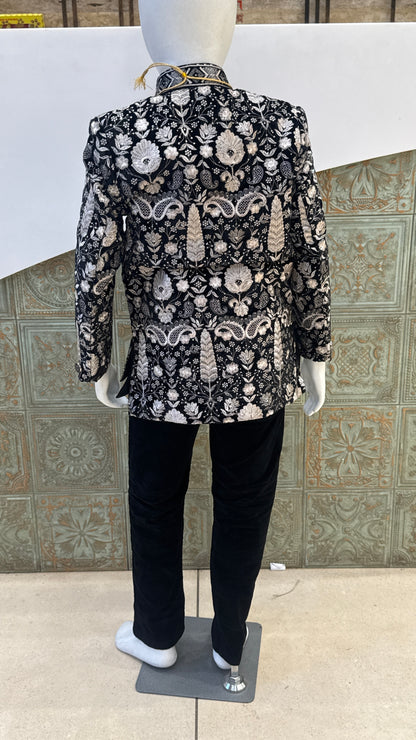 Black and Silver Embroidered Indo-Western Jacket with Pearls for Boys