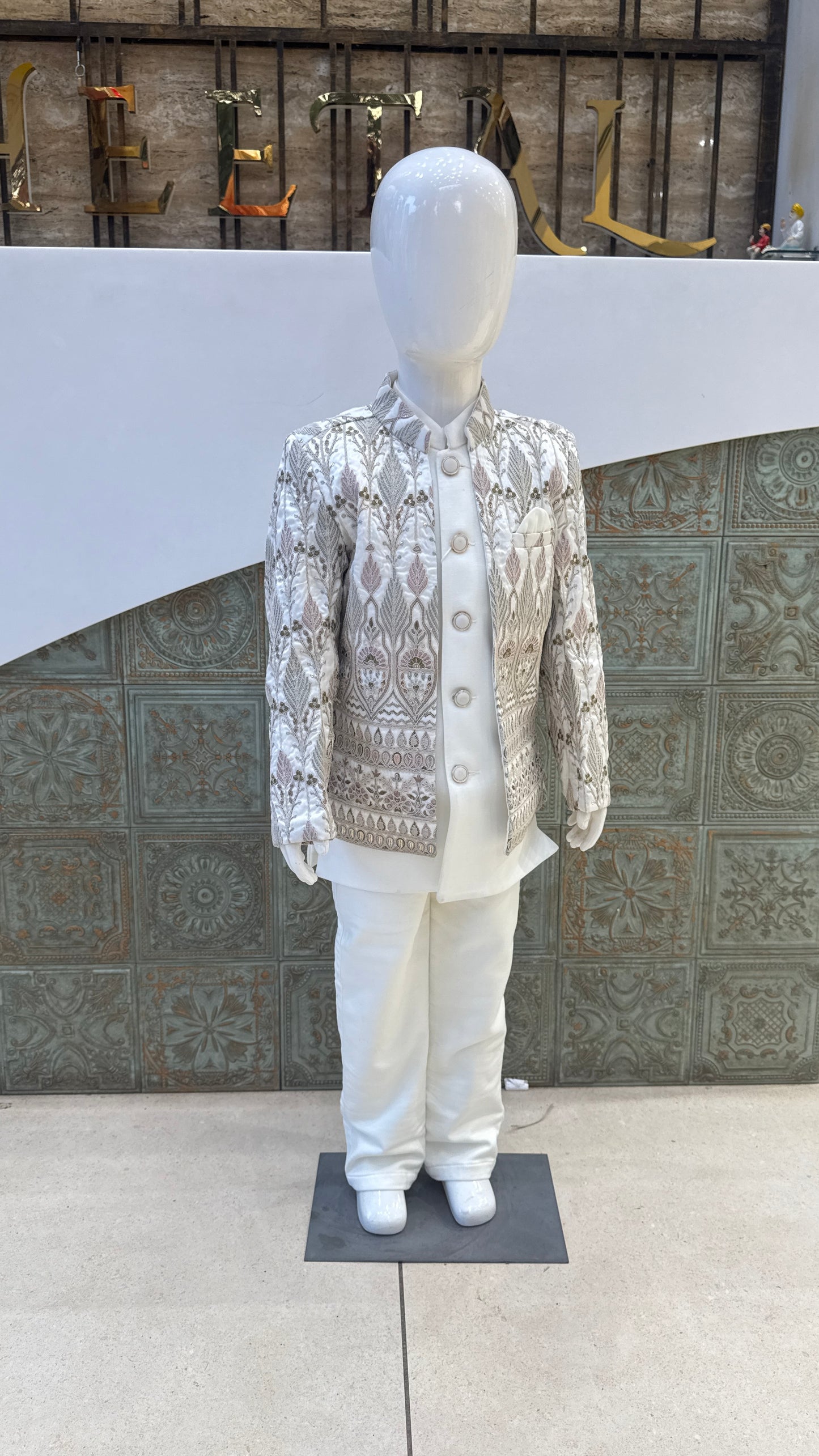 White and Silver Embroidered Indo-Western Jacket for Boys