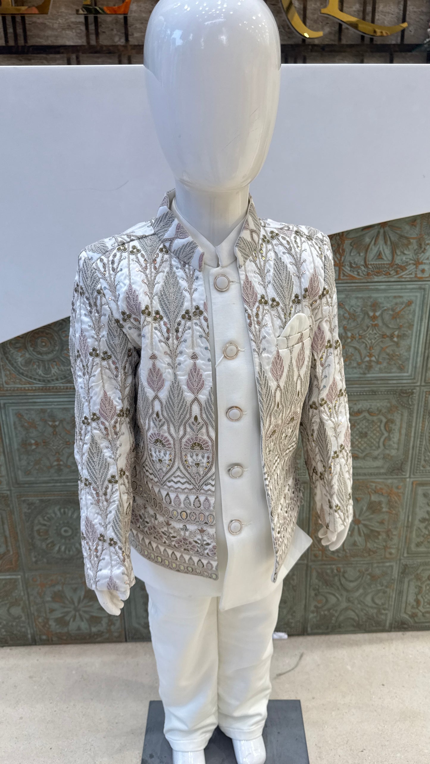 White and Silver Embroidered Indo-Western Jacket for Boys