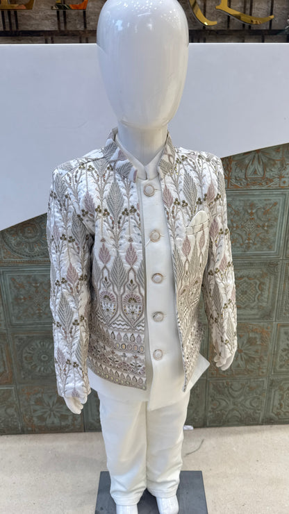 White and Silver Embroidered Indo-Western Jacket for Boys