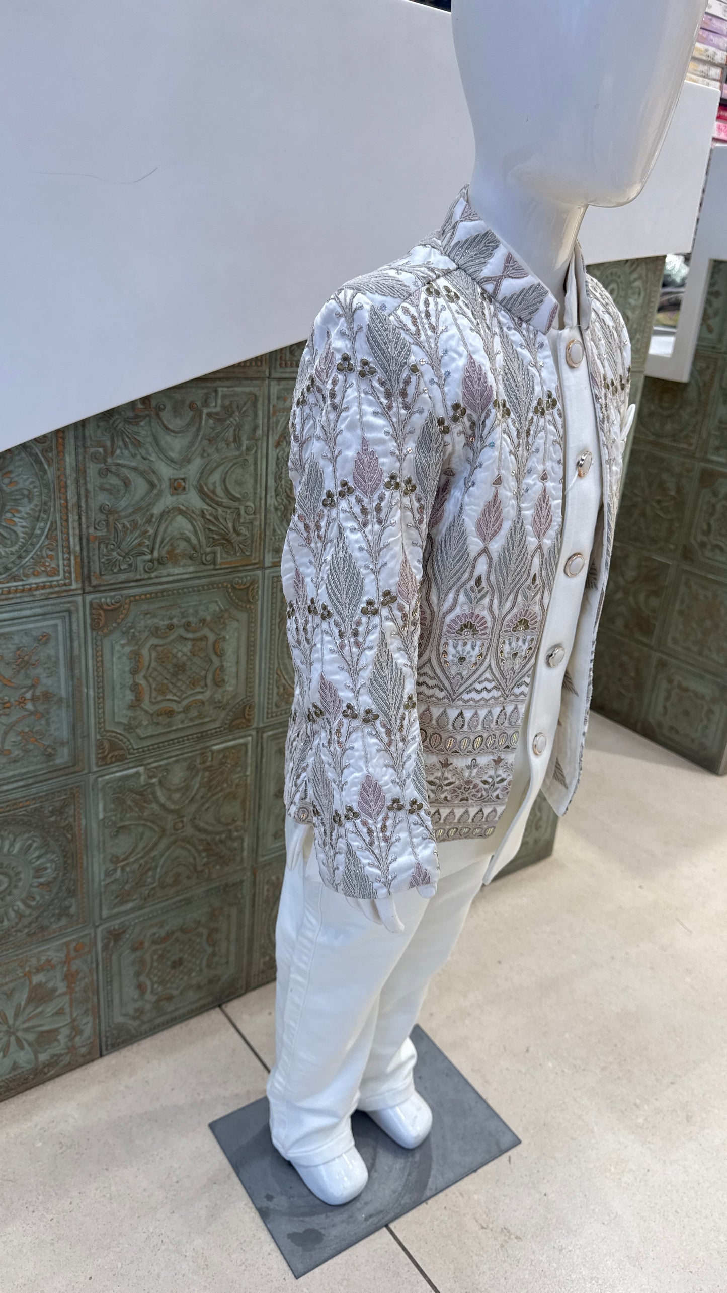 White and Silver Embroidered Indo-Western Jacket for Boys