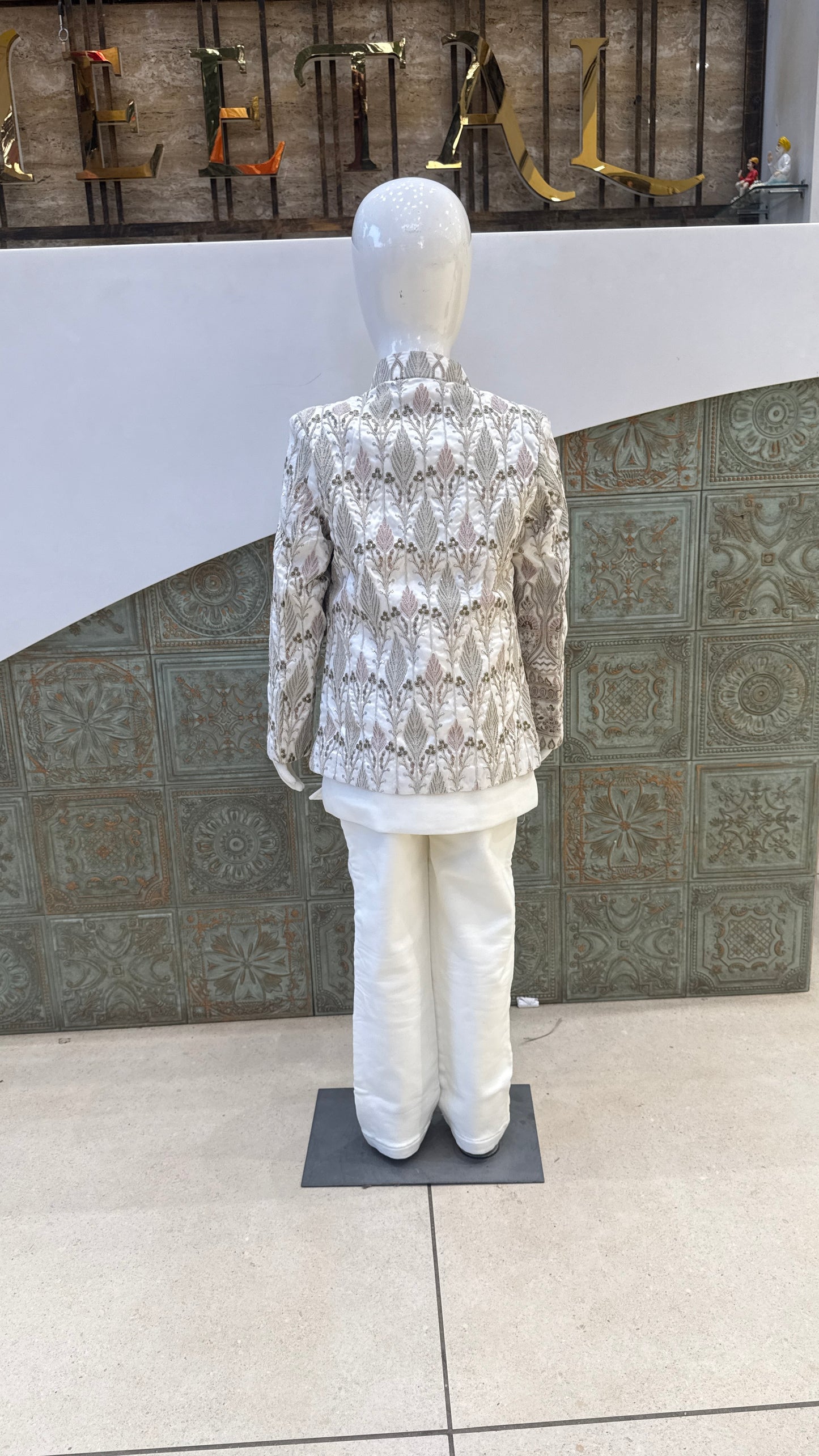 White and Silver Embroidered Indo-Western Jacket for Boys