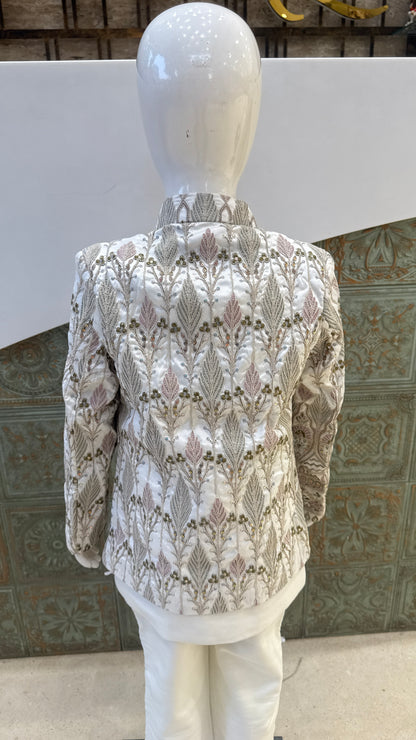White and Silver Embroidered Indo-Western Jacket for Boys
