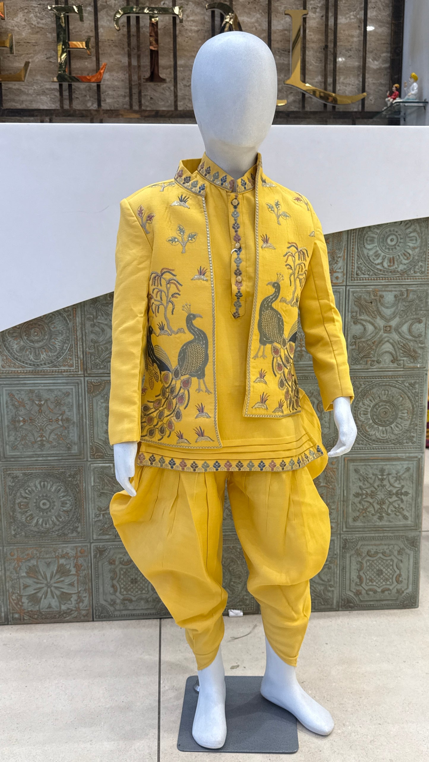 Yellow Embroidered Indo-Western Jacket with Peacock Design for Boys