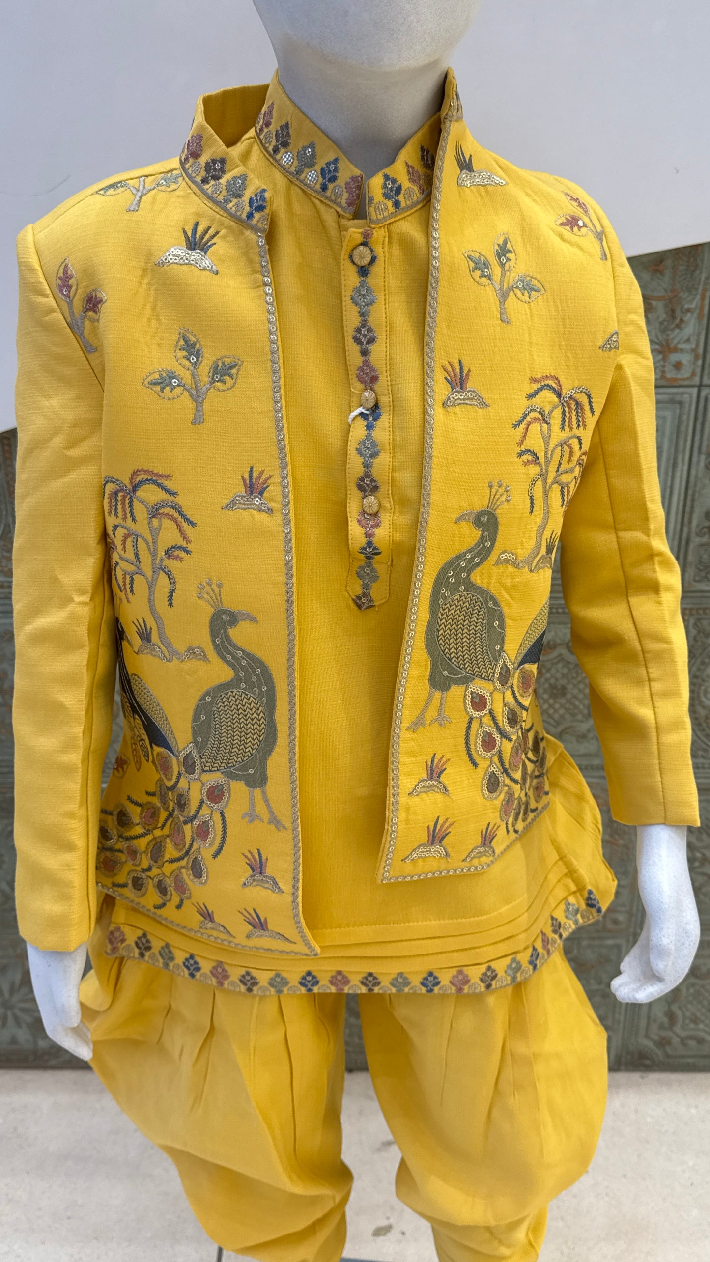 Yellow Embroidered Indo-Western Jacket with Peacock Design for Boys