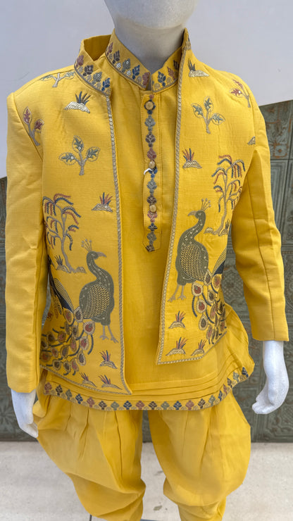 Yellow Embroidered Indo-Western Jacket with Peacock Design for Boys