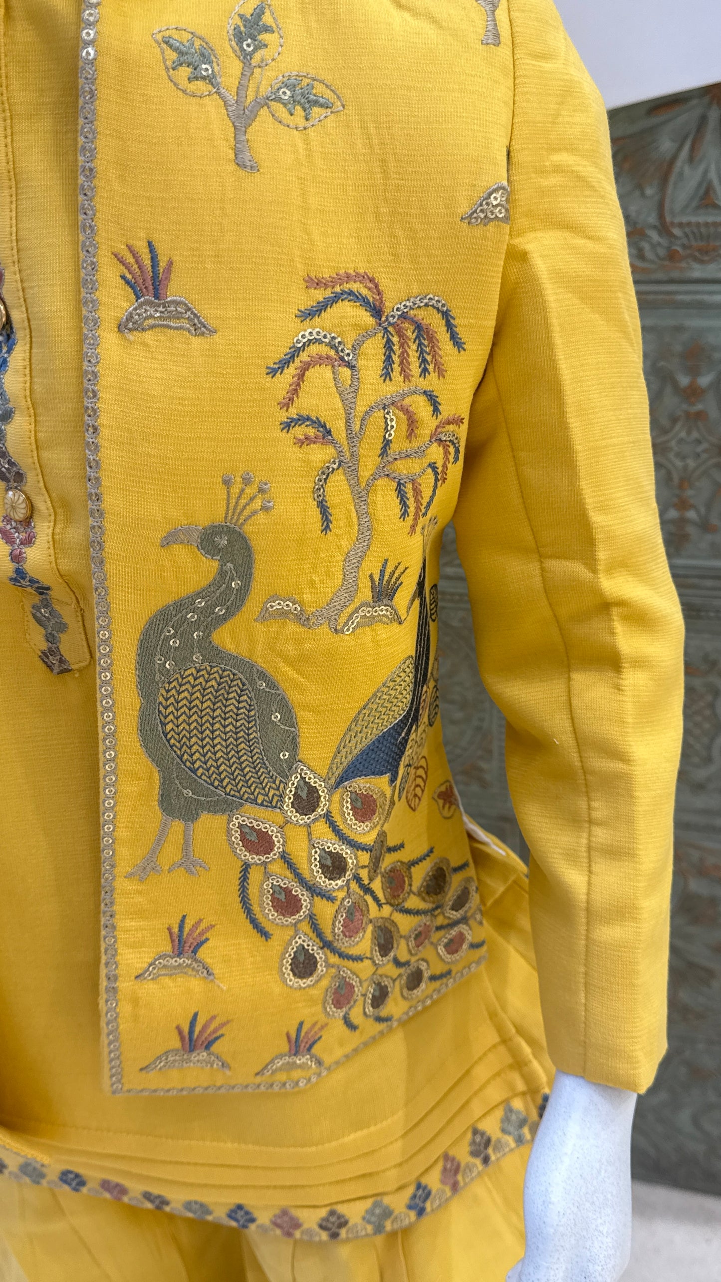 Yellow Embroidered Indo-Western Jacket with Peacock Design for Boys