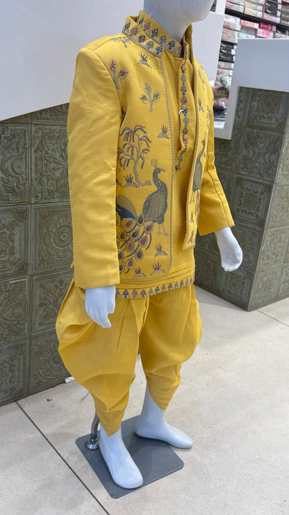 Yellow Embroidered Indo-Western Jacket with Peacock Design for Boys
