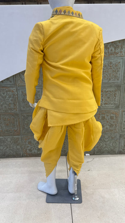 Yellow Embroidered Indo-Western Jacket with Peacock Design for Boys