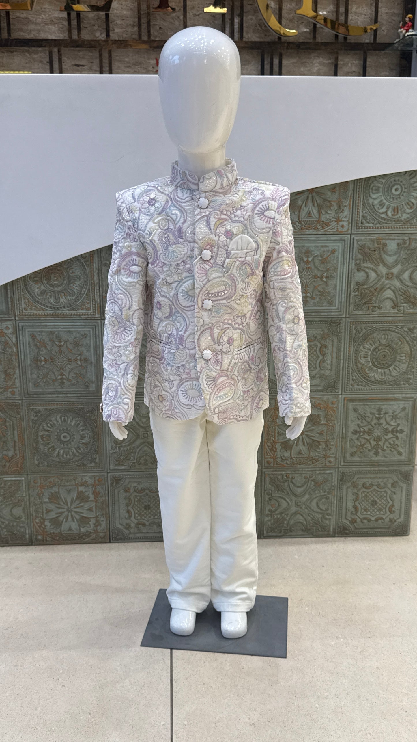 White Embroidered Indo-Western Jacket with Pastel Details for Boys