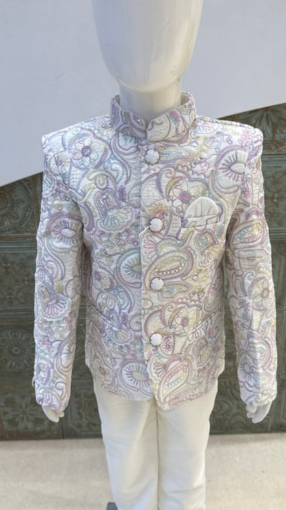 White Embroidered Indo-Western Jacket with Pastel Details for Boys