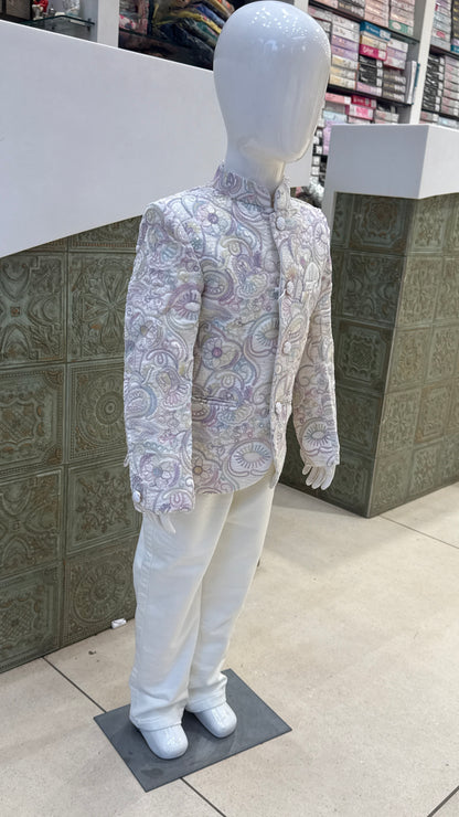 White Embroidered Indo-Western Jacket with Pastel Details for Boys