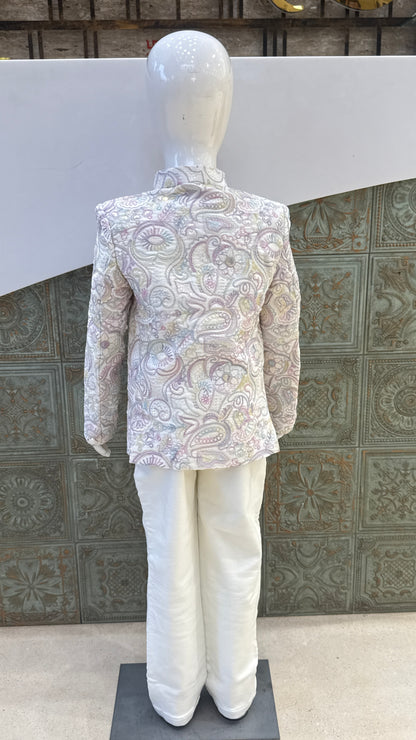 White Embroidered Indo-Western Jacket with Pastel Details for Boys