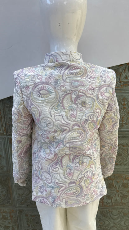 White Embroidered Indo-Western Jacket with Pastel Details for Boys
