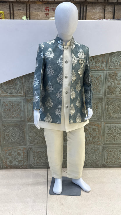 Grey and Silver Embroidered Indo-Western Jacket for Boys