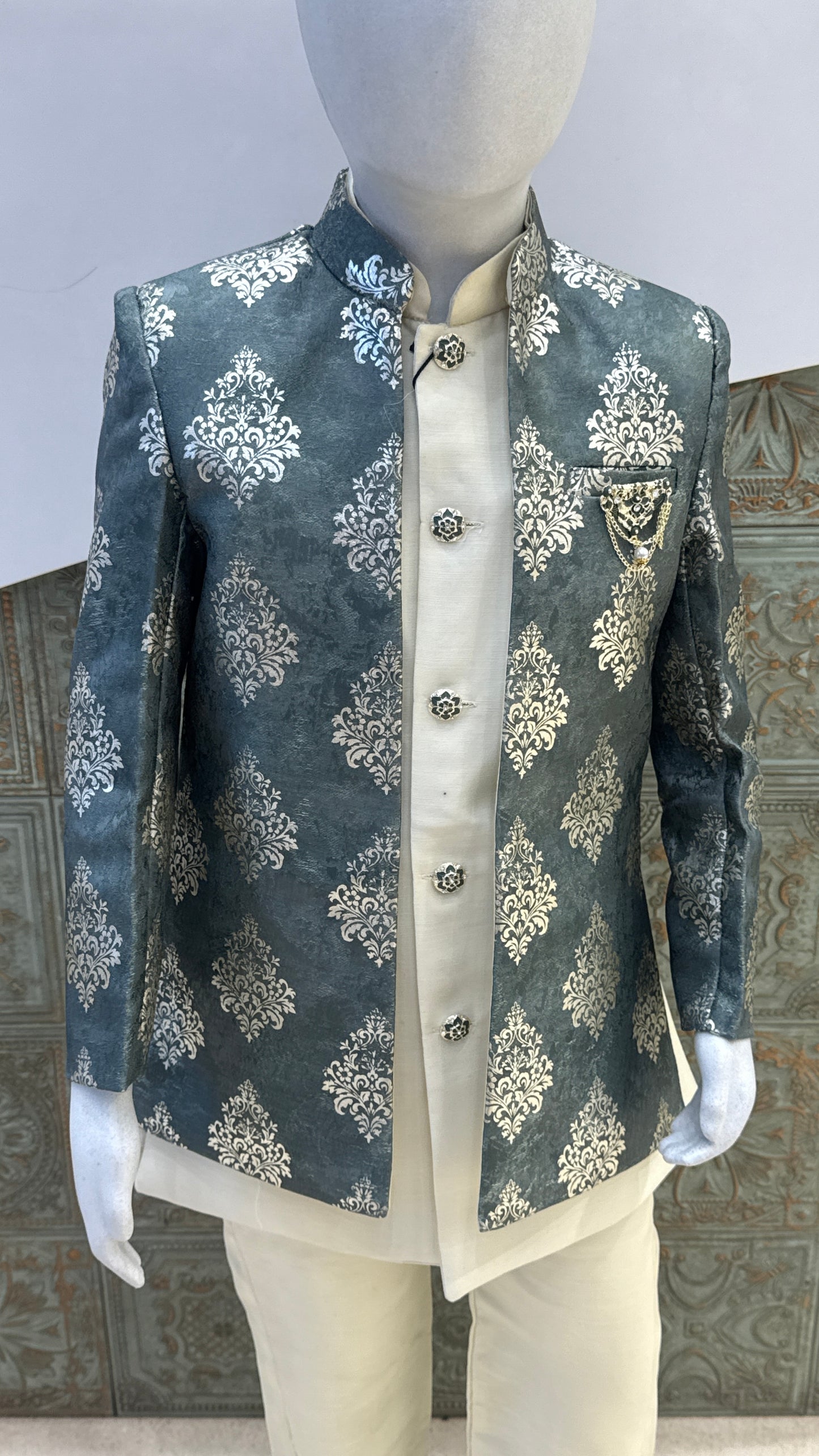 Grey and Silver Embroidered Indo-Western Jacket for Boys