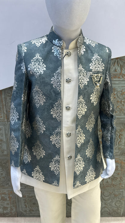 Grey and Silver Embroidered Indo-Western Jacket for Boys